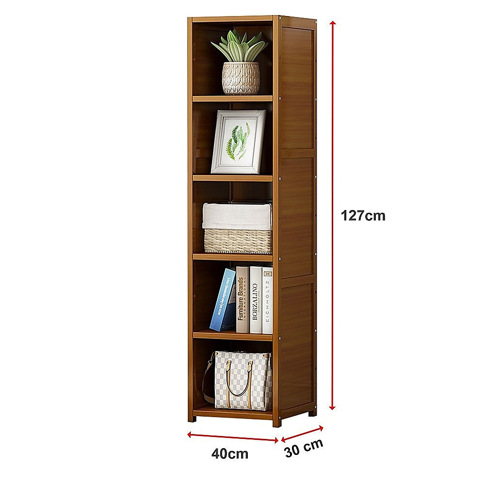 Tall bamboo bookcase, dark brown, open shelves with height and width dimensions