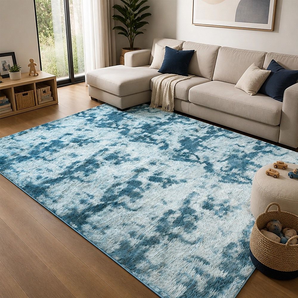 Large Floor Rug – 200x300cm Blue Rug (Fluffy Style) Bedworld
