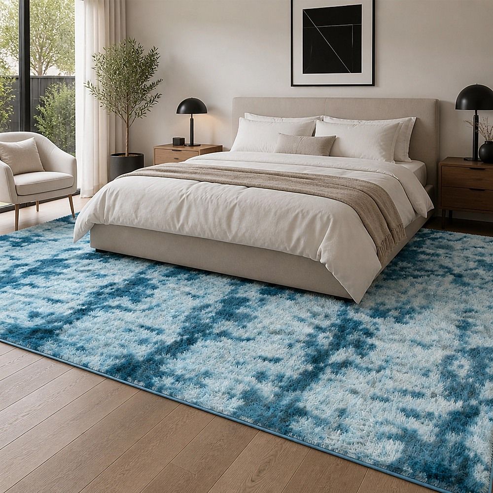 Large Floor Rug – 200x300cm Blue Rug (Fluffy Style) Bedworld