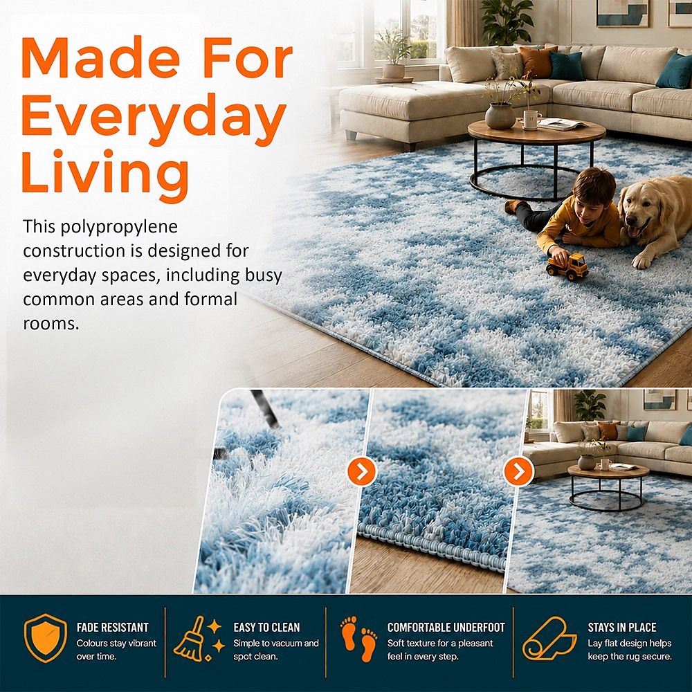 Large Floor Rug – 200x300cm Blue Rug (Fluffy Style) Bedworld