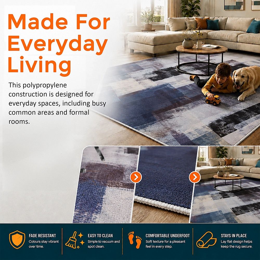 Large Floor Rug – 200x300cm Blue Rug (Abstract Style) Bedworld