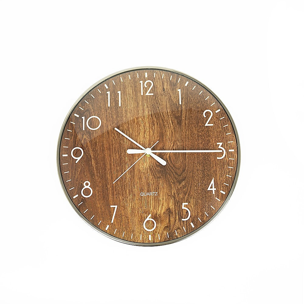 Round wood-grain wall clock with gold-tone rim, white hands and hour marks