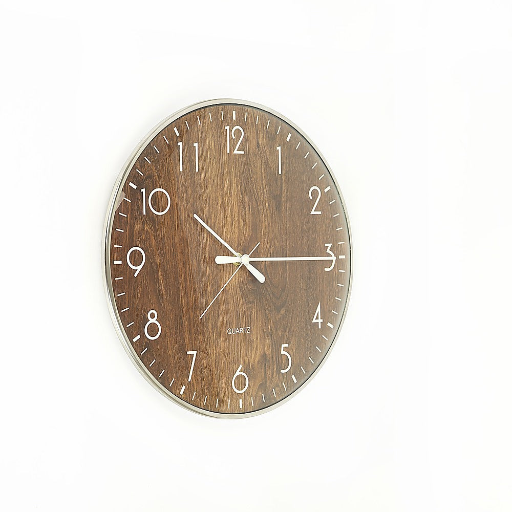 Front view round wood-grain wall clock with white hands and hour numbers