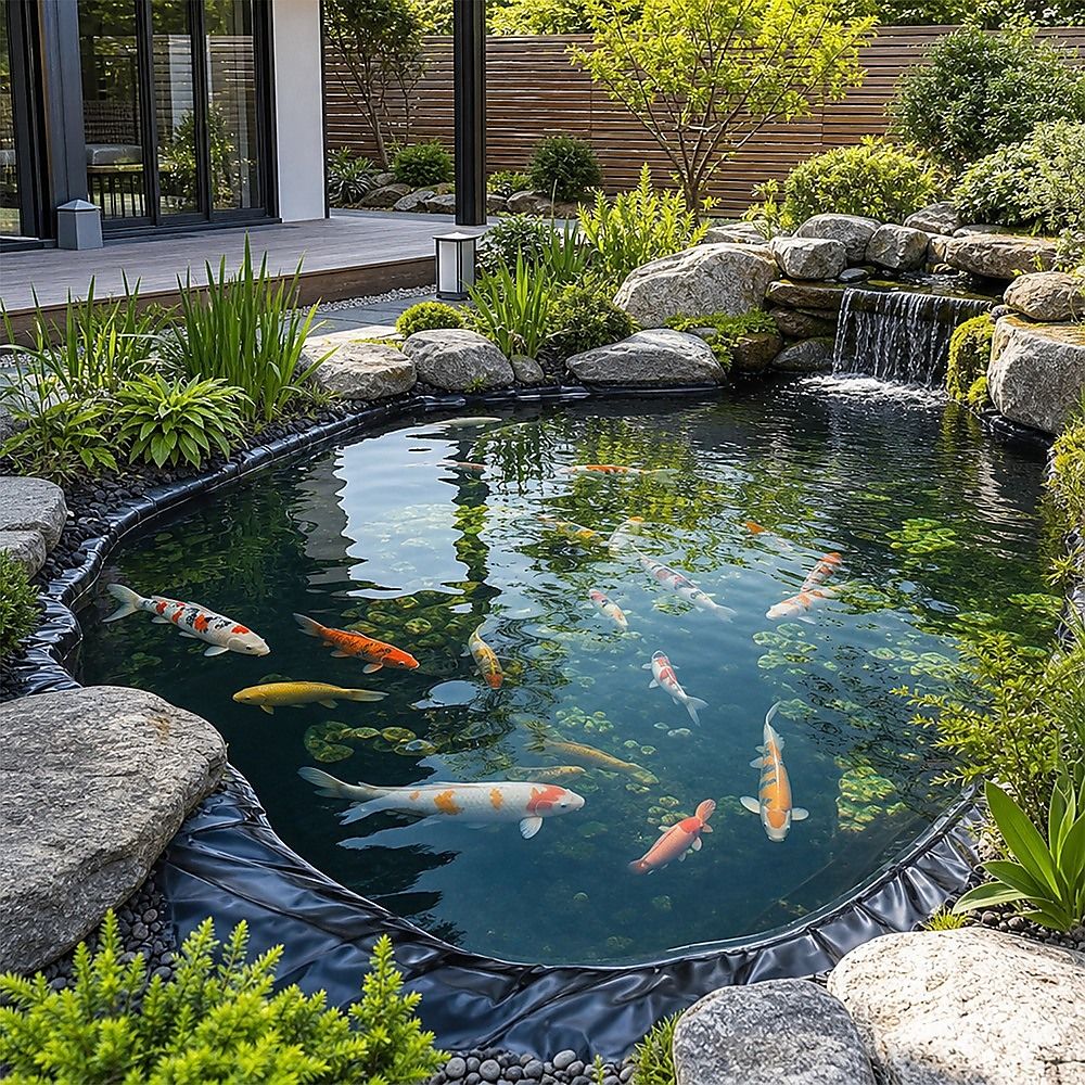 Black fish pond liner sheet in a garden pond with koi fish and rounded edge