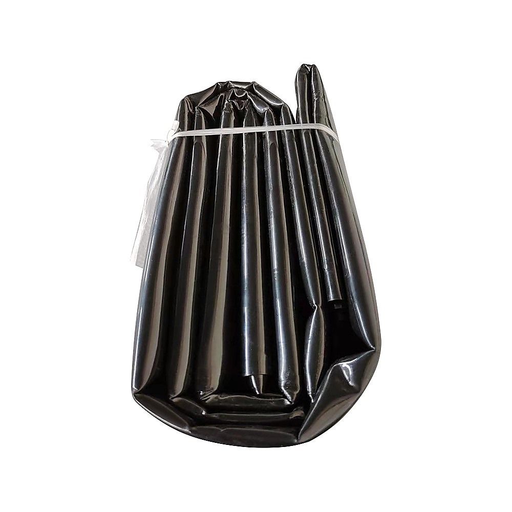 Black reinforced pond liner roll, folded and bundled for easy storage and setup