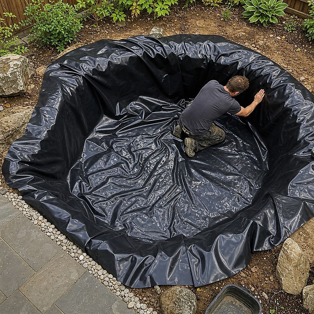 Black pond liner membrane installed in a circular backyard pond, man adjusting edges
