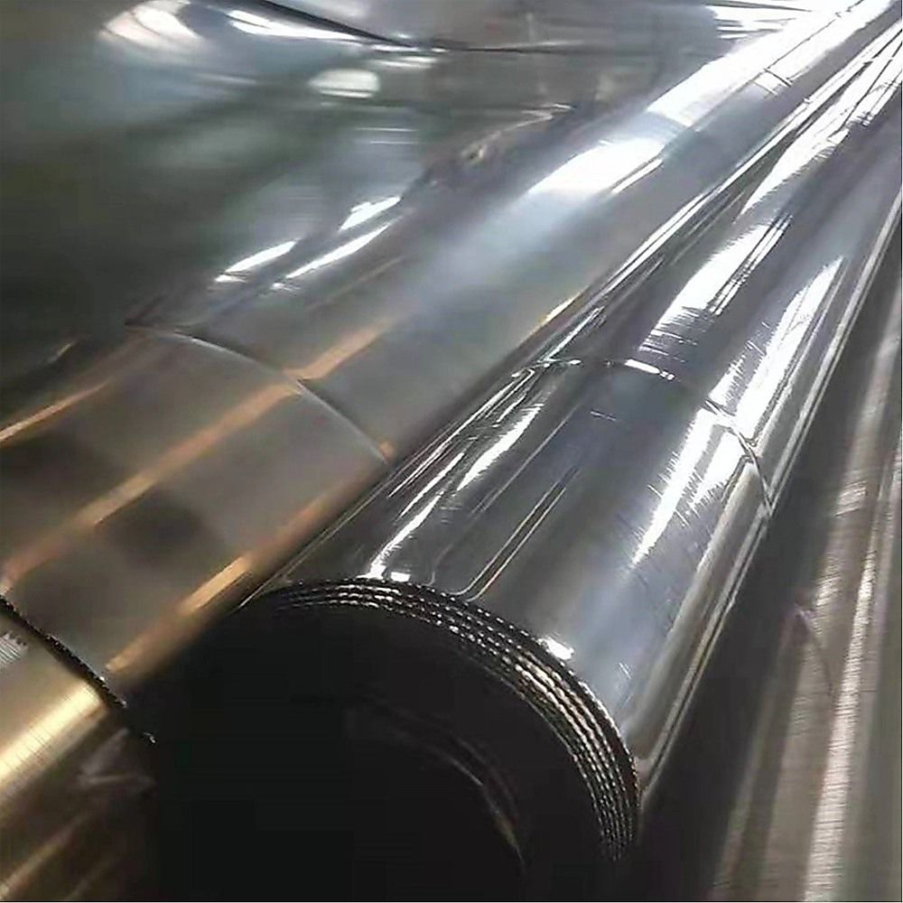 Close-up of black reinforced pond liner membrane, glossy surface with seams