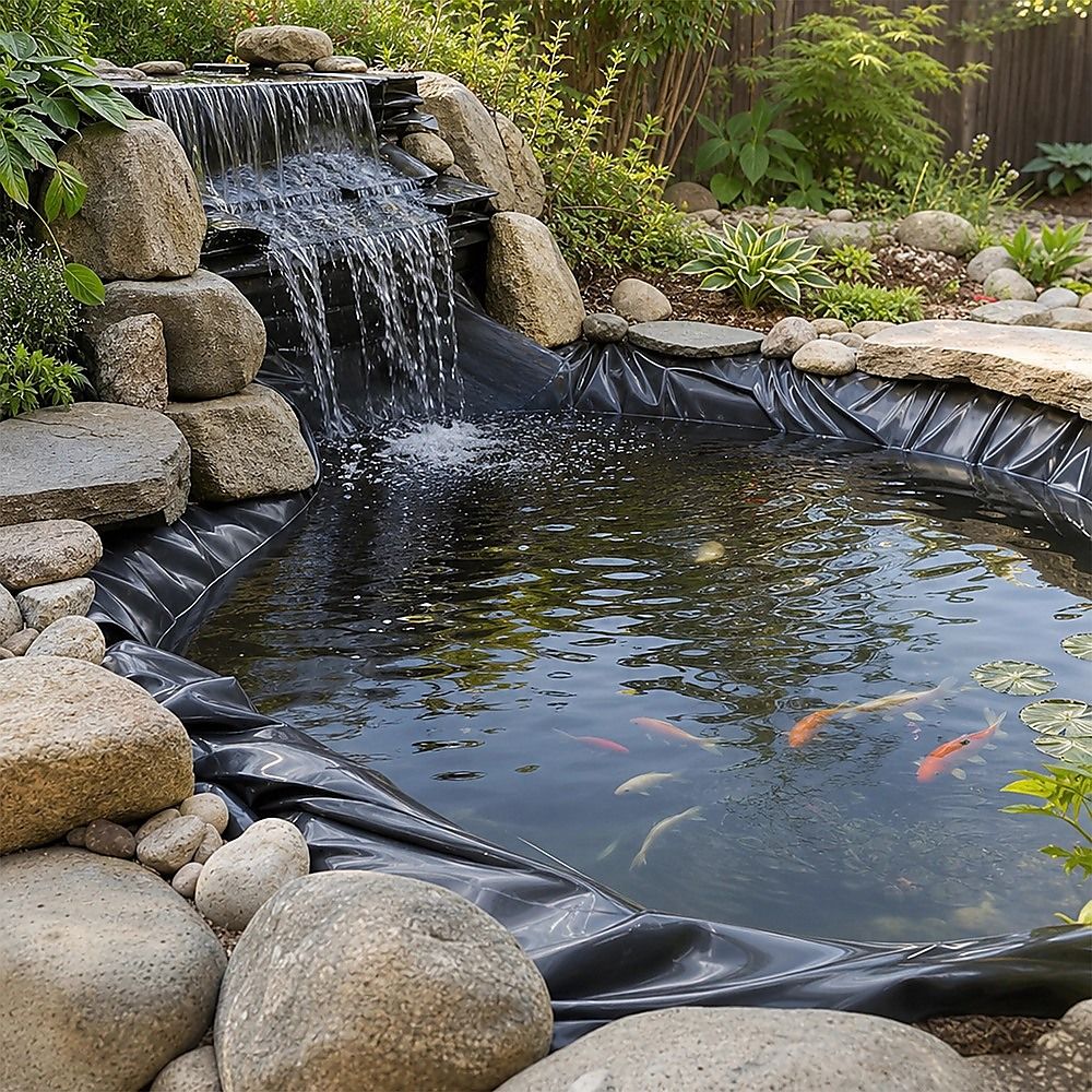 Black pond liner sheet lining a rock-edged waterfall pond with visible fish