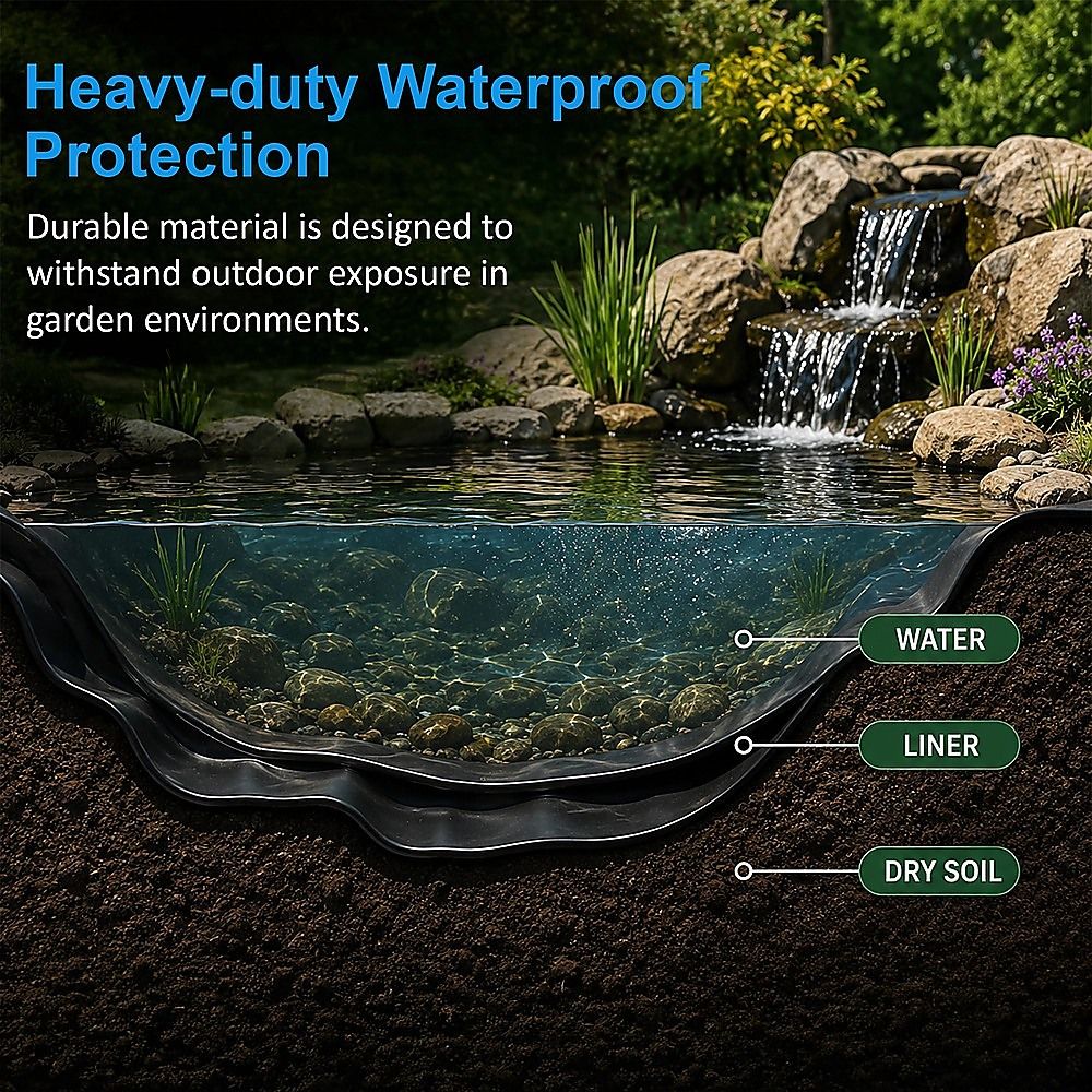 Black waterproof pond liner membrane in a garden pond near rocks and small waterfall