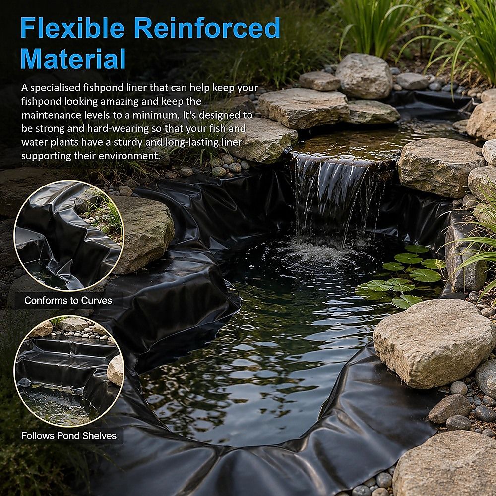 Flexible reinforced black pond liner sheet covering a fish pond with rocks and plants