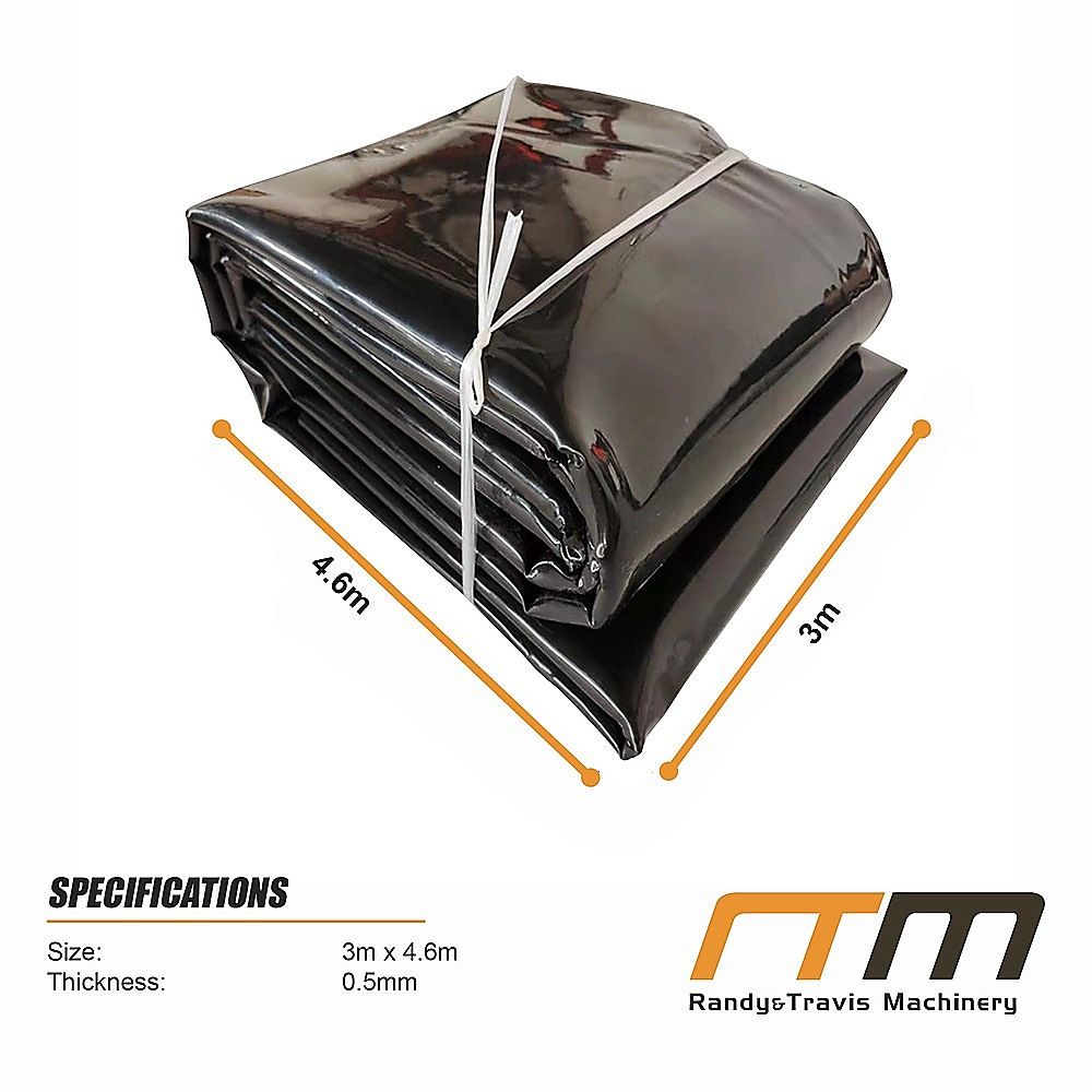 Black reinforced pond liner membrane bundle with size markings: 3m x 4.6m, 0.5mm