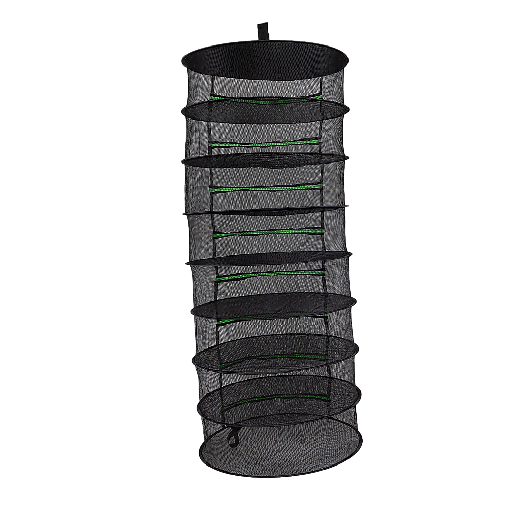 8-layer hanging herb drying rack with black mesh and green trim bands
