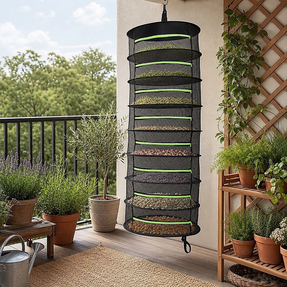 Black mesh 8-layer hanging herb drying rack with green bands for drying