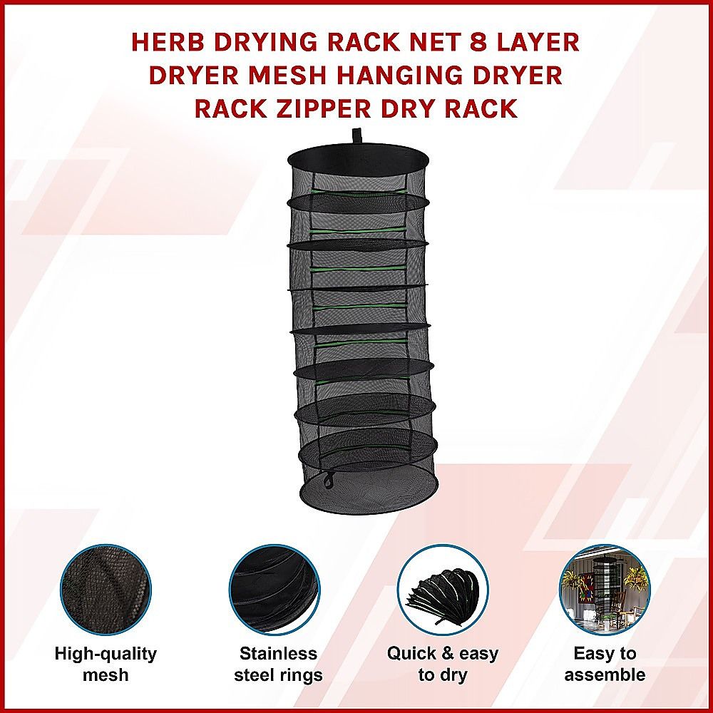 Black 8-layer herb drying rack net with green trim and hanging top ring