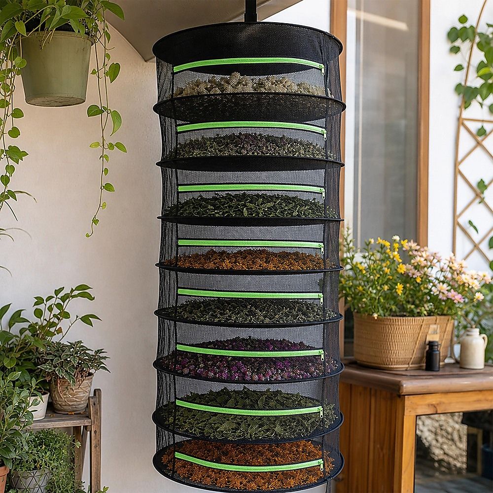 Hanging 8-layer herb drying rack with black mesh layers and green edge bands