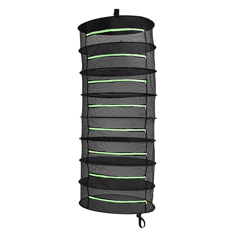 8-layer hanging herb drying rack, black mesh with green trim bands and zipper