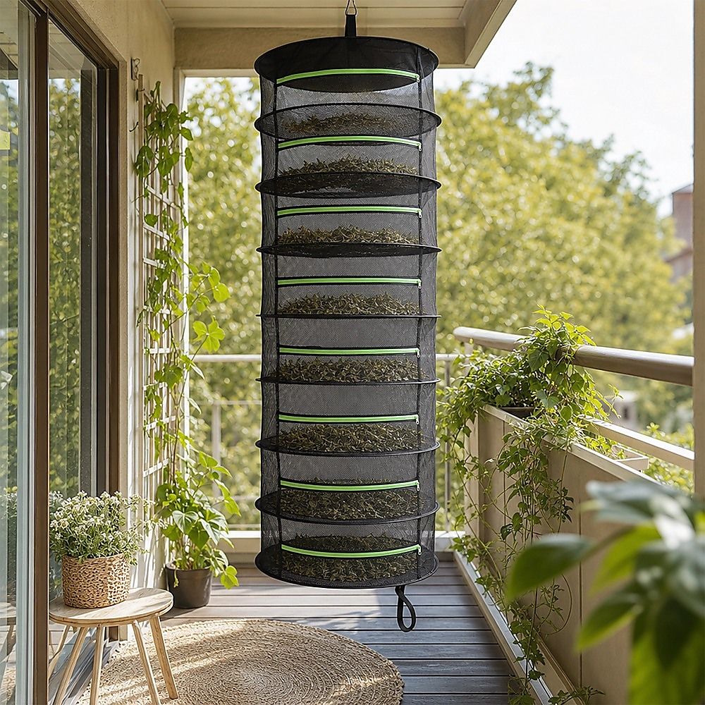Black mesh 8-layer hanging herb drying rack with green trim bands