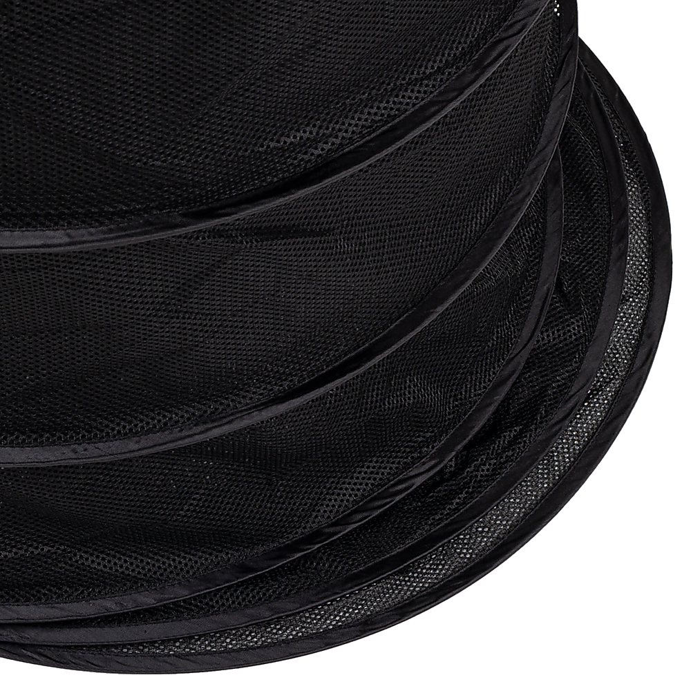 Close-up of black mesh layers on rolled 8-layer hanging herb drying rack