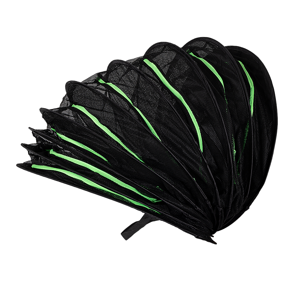 Side view of rolled black 8-layer herb drying rack net with green trim bands