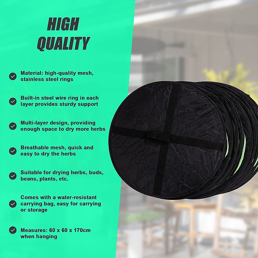 Rolled black mesh 8-layer hanging herb drying rack with green trim stripes