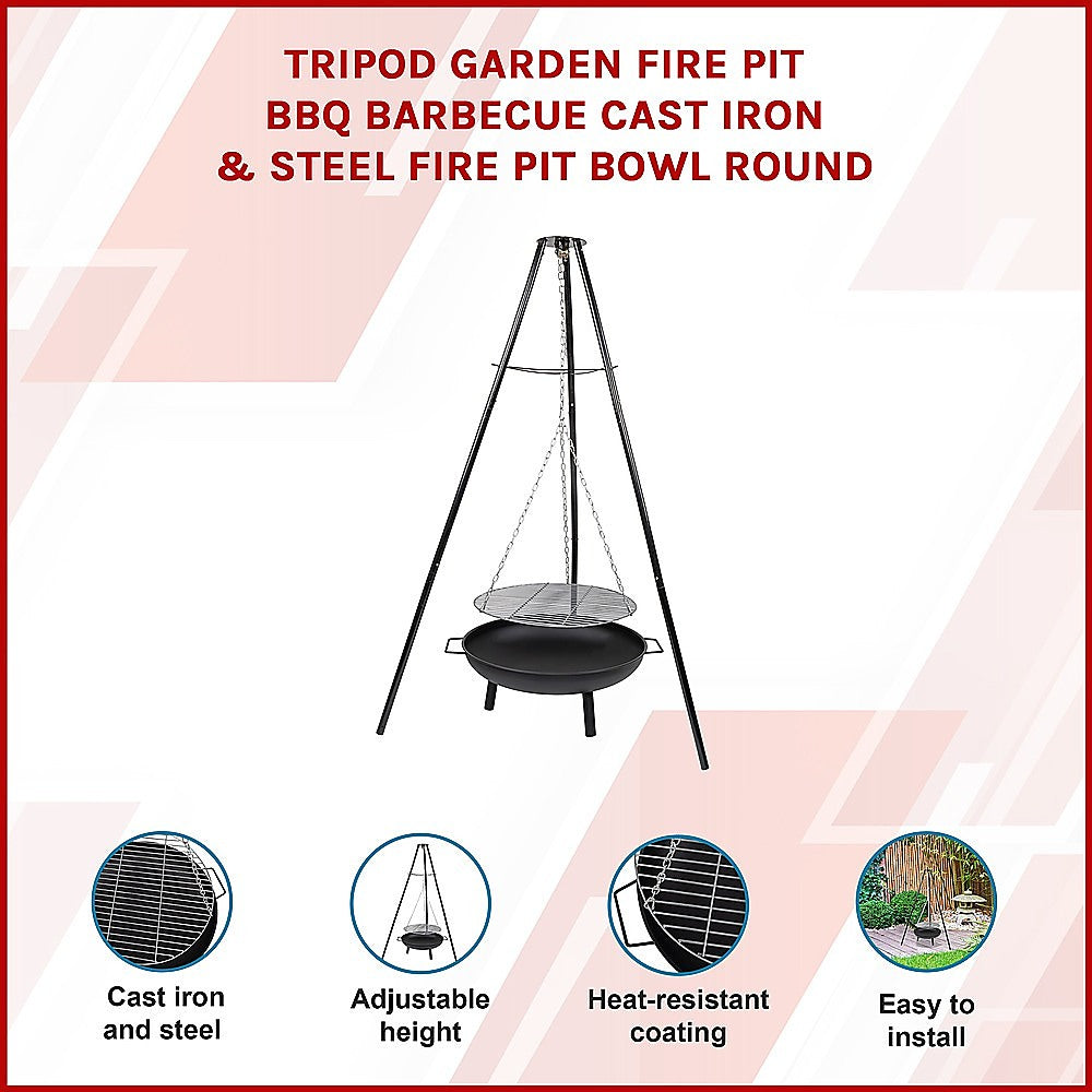 Tripod Garden Fire Pit BBQ  Cast Iron & Steel Round Outdoor Fire Bowl