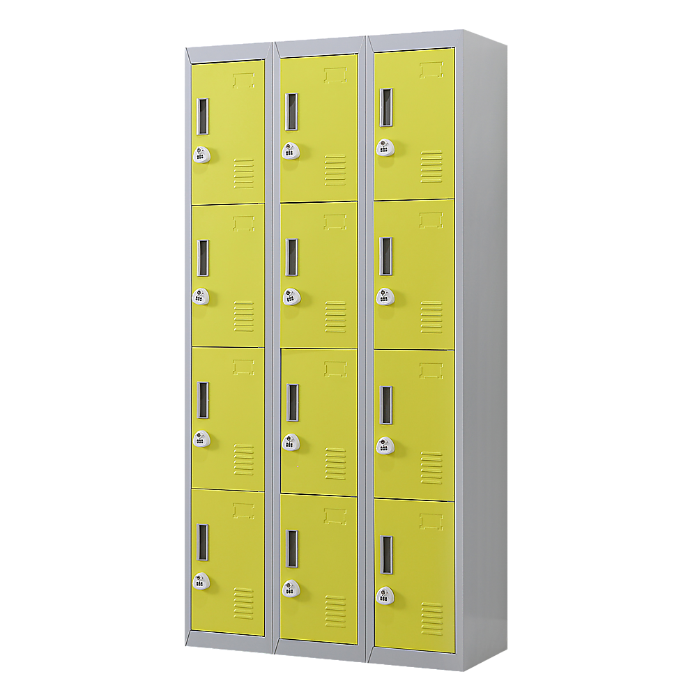 3-door metal storage locker with lime green doors and built-in combination lock panels