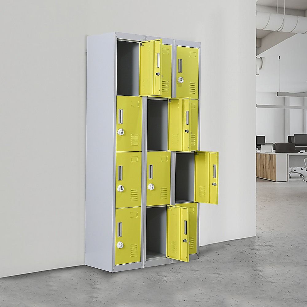 3-door metal locker unit with lime green doors and open compartments for storage access