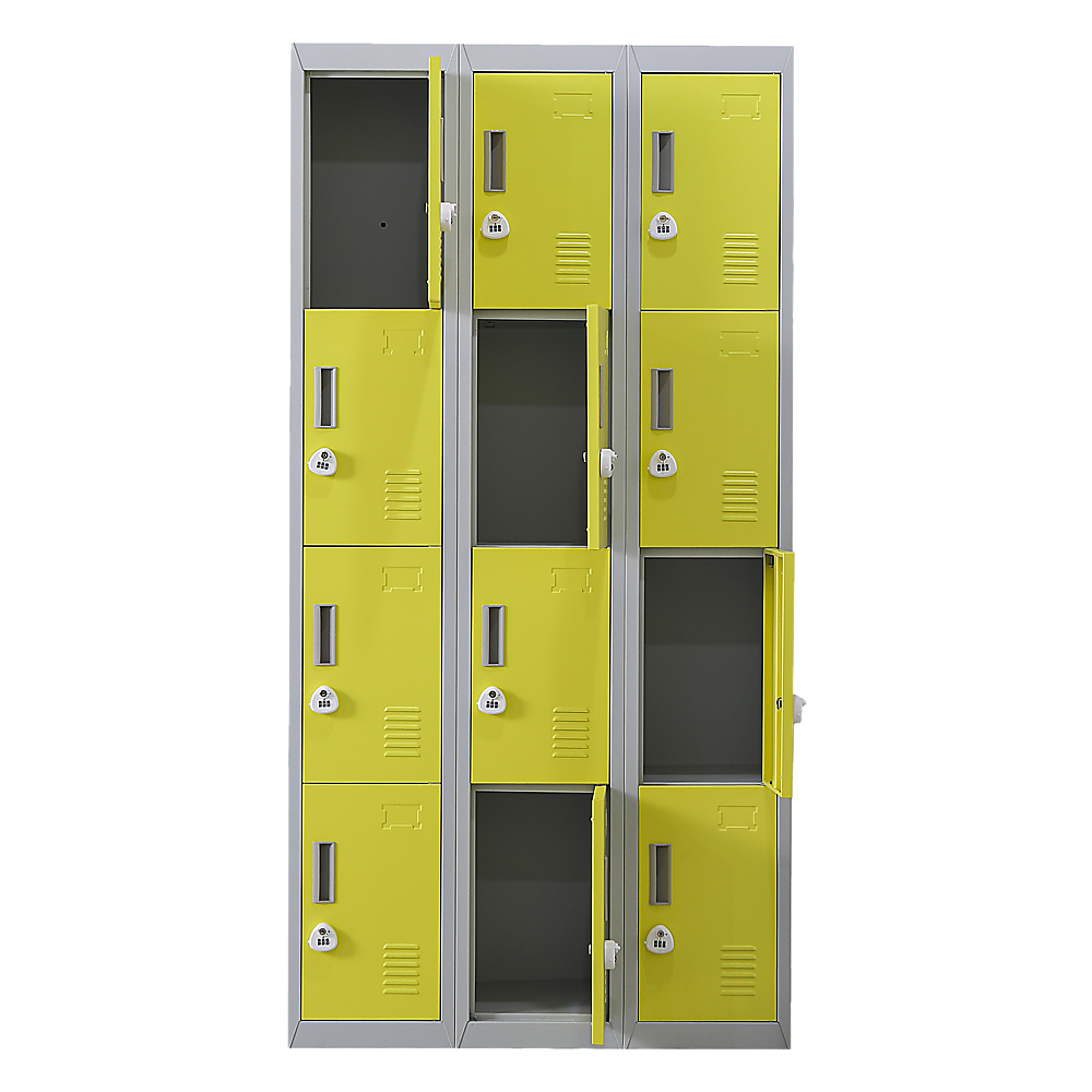 3-door metal locker with lime green doors, open swing door, and visible interior compartments