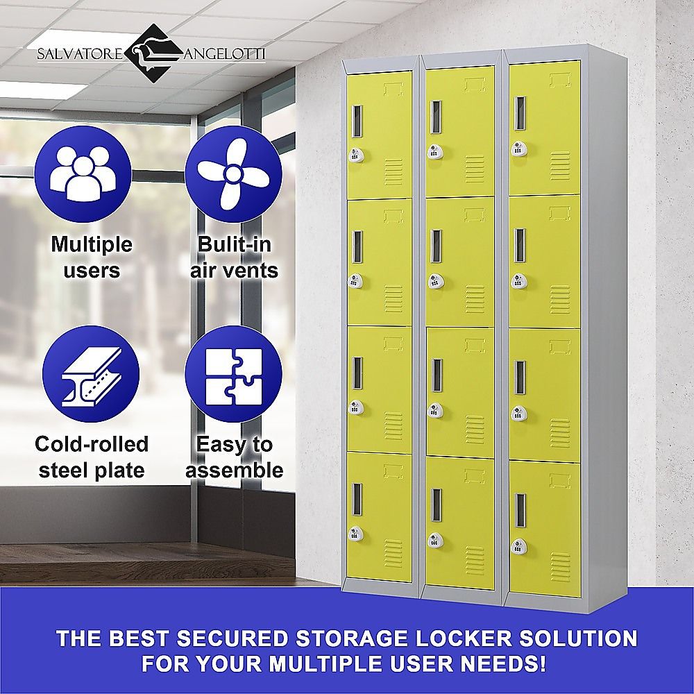 3-door storage locker with lime green doors in a public area setting