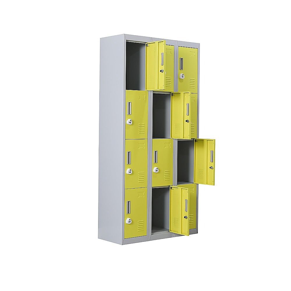 3-door locker with lime green doors, open doors, and dark interior bays