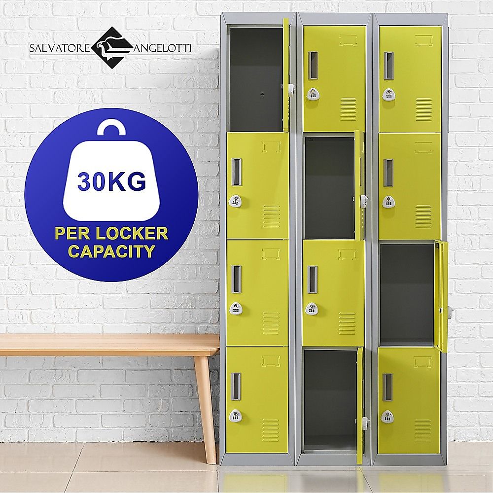 3-door metal locker with lime green doors and open bay showing combination lock area