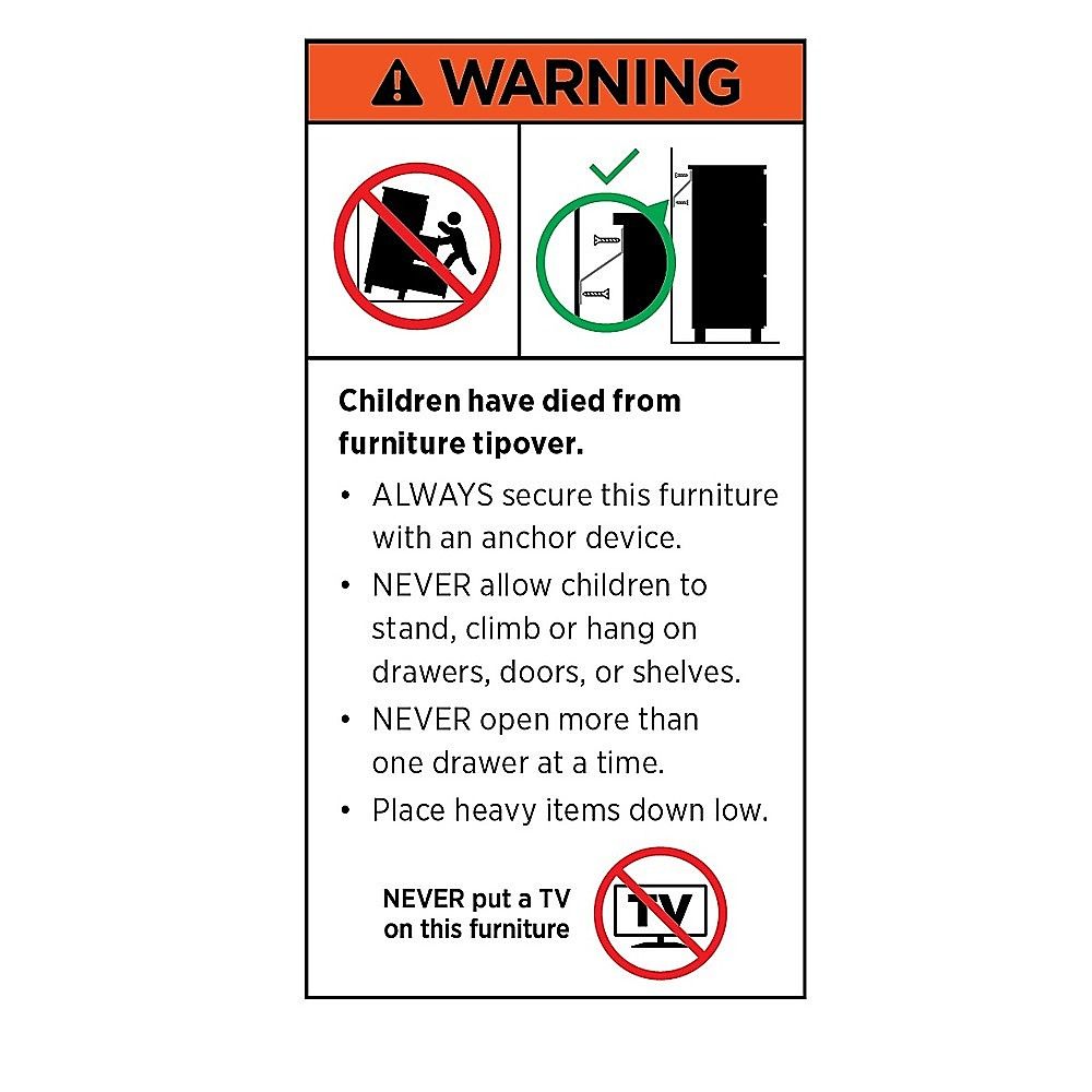 Warning instruction label about furniture tip-over and safety precautions
