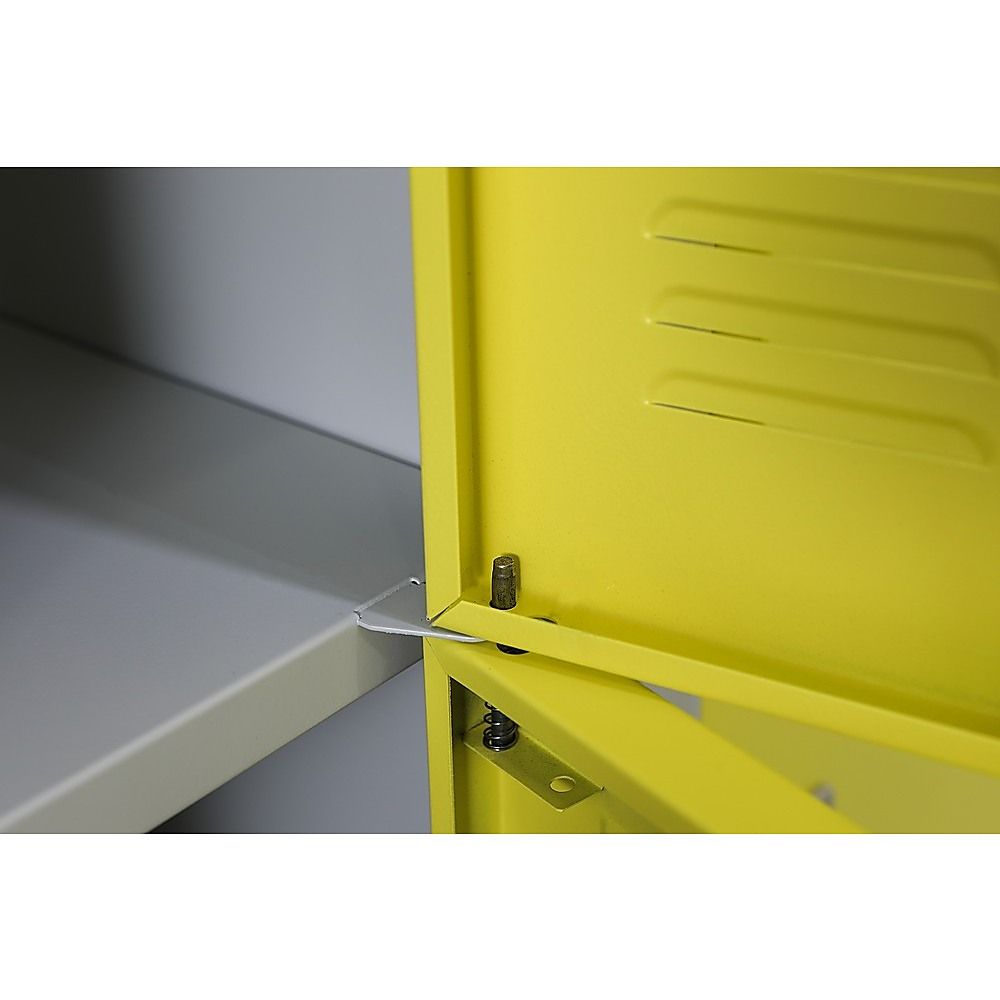 Close-up of combination lock housing on lime green locker door edge