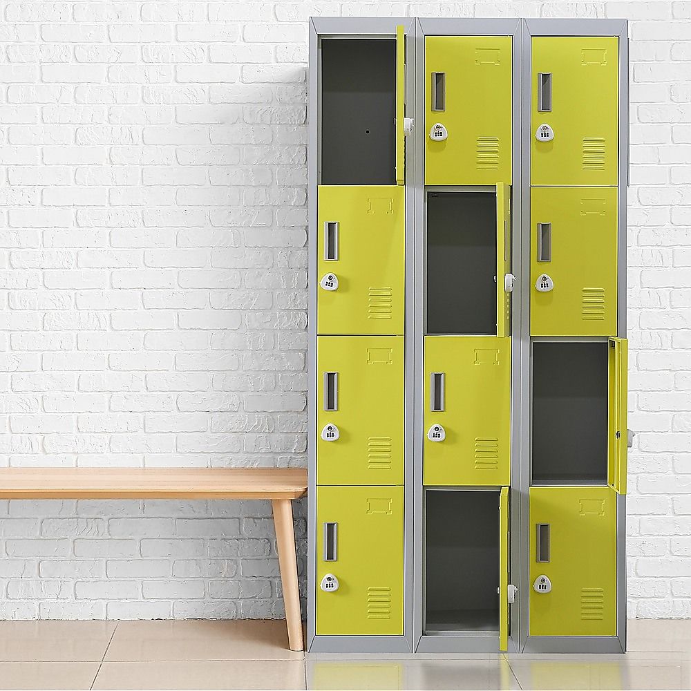 3-door locker with lime green doors, open bays, and dark interior storage compartments