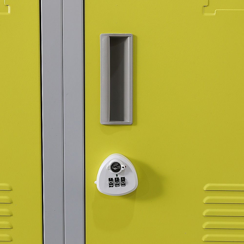 Yellow 3-digit combination lock keypad and handle panel on locker door