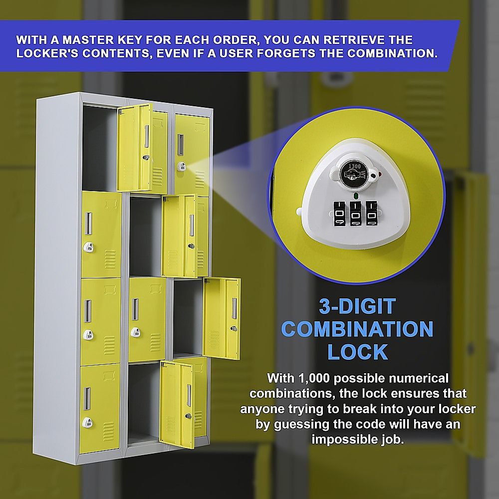 12-door locker unit with multiple compartments and 3-digit combination lock