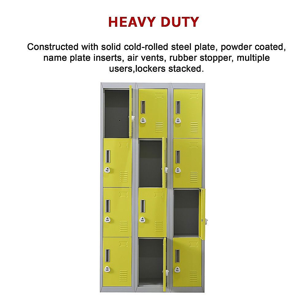 Yellow and gray metal locker cabinet with multiple stacked doors and vents