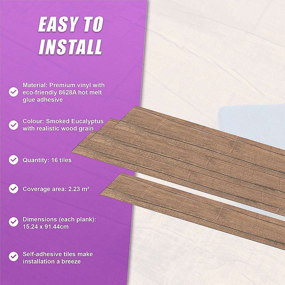 Vinyl Floor Tiles Self Adhesive Flooring Smoked Eucalyptus Wood Grain 16 Pack 2.3SQM