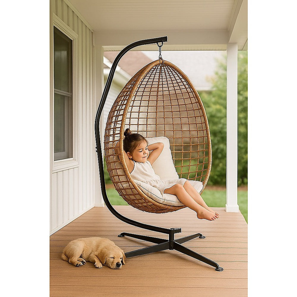 Hammock C stand supporting a woven hanging chair