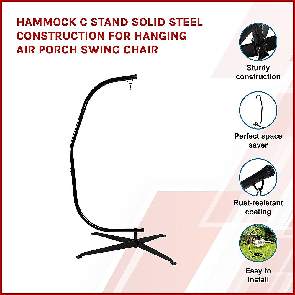 Black hammock C stand with curved arm and tripod base
