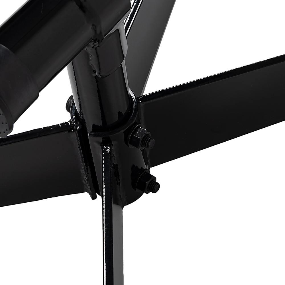 Black hammock stand joint with hanging hardware and support arms