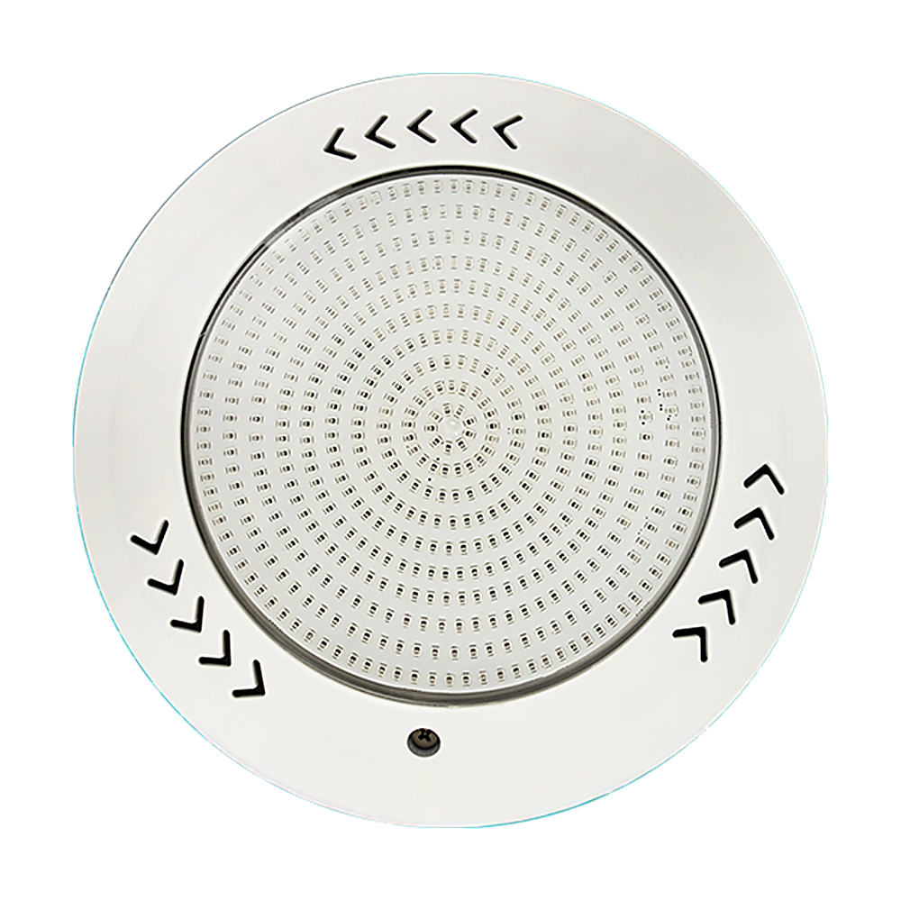 Round white LED underwater pool light with circular lens and outer mounting rim