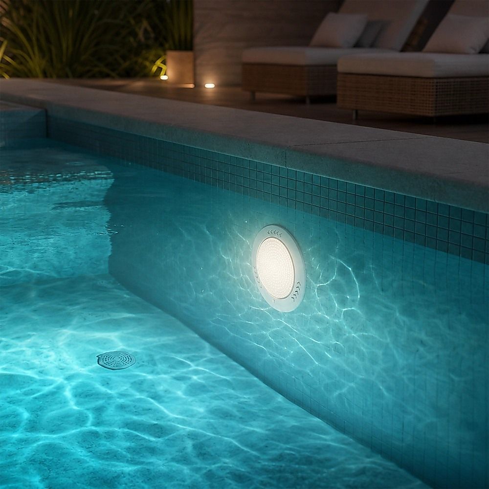 Round underwater pool light glowing white LED in pool wall opening