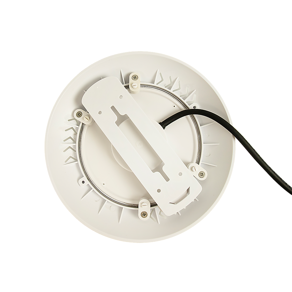 Round white underwater light housing with mounting bracket and black power cable