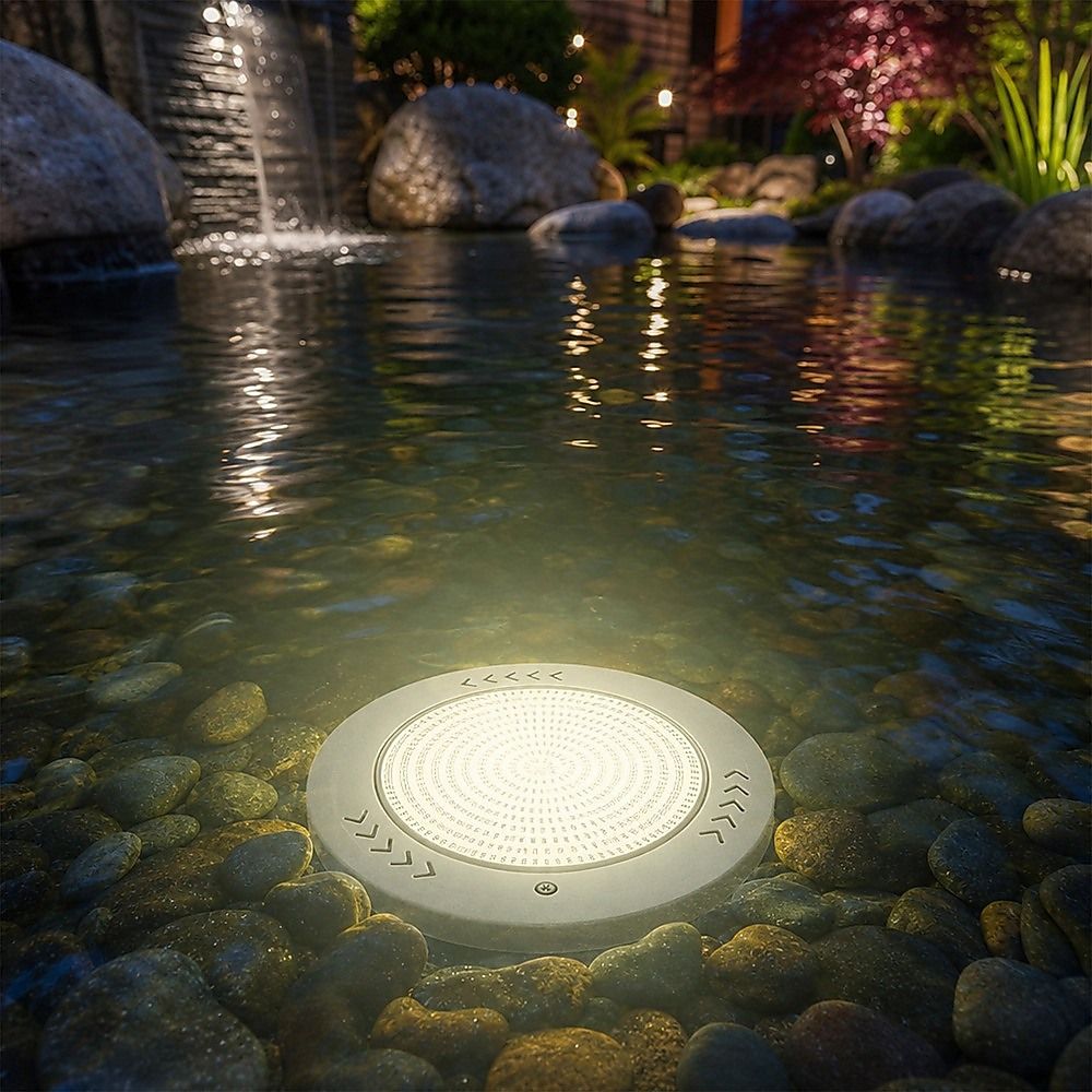 Round underwater pool light glowing white LED on rock-lined pool floor