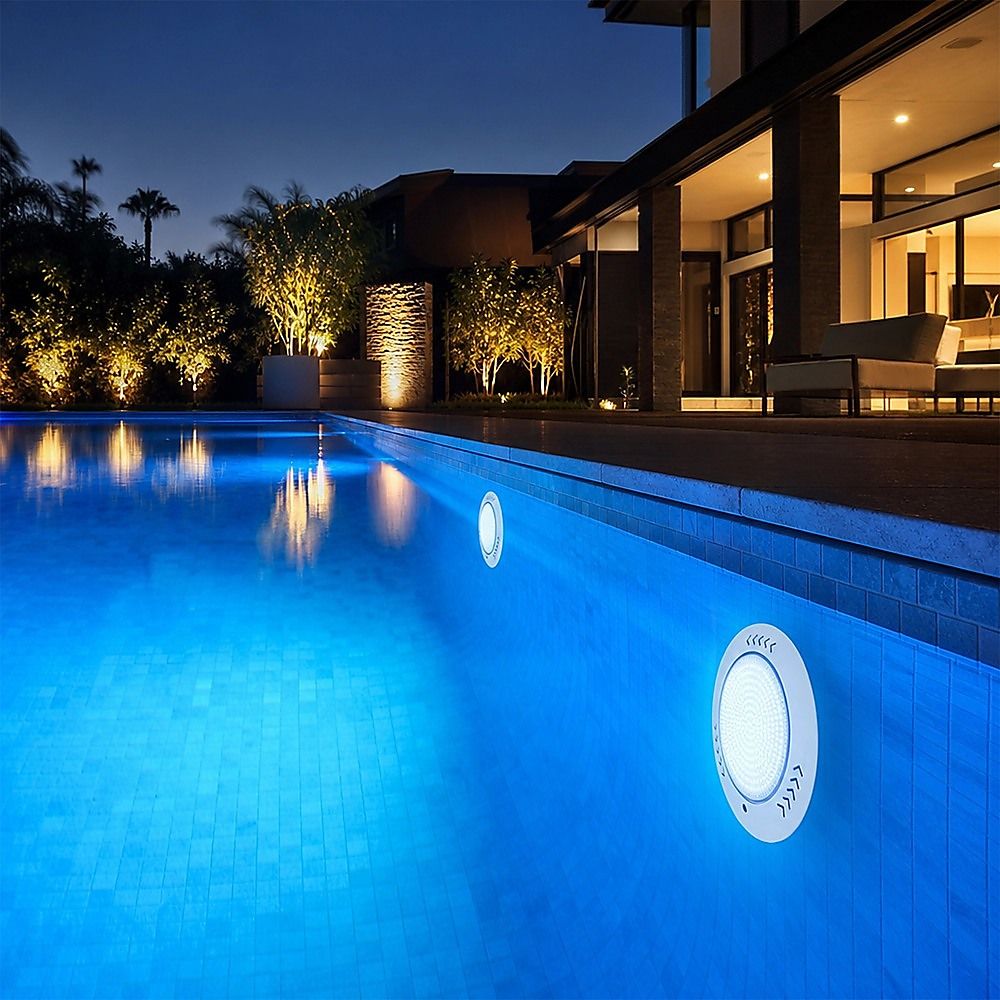 Round white LED pool light installed in pool wall emitting blue glow