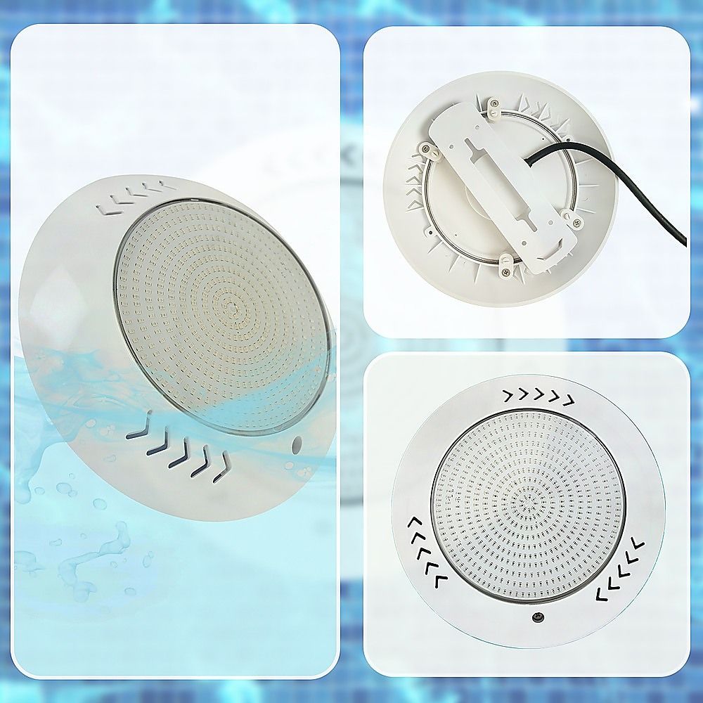 Round white LED underwater light shown in angled and back views with power lead