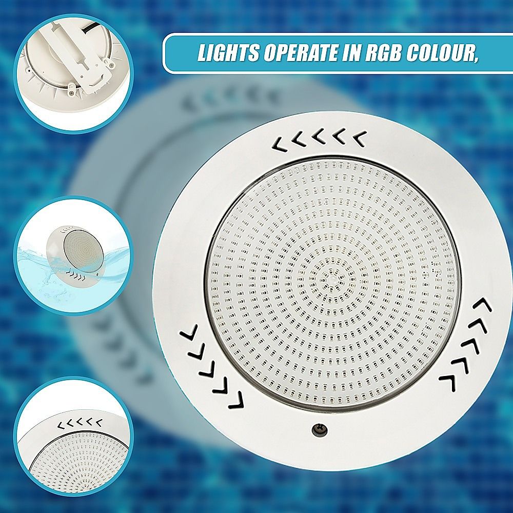 Round white LED pool light with grid lens and inset light mode diagrams
