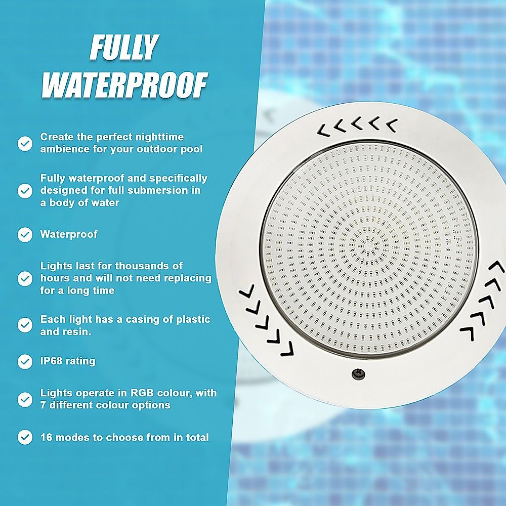 Round white resin-filled LED pool light with textured lens and side control icons