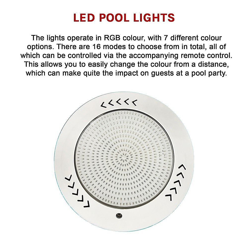 White round LED pool light with textured center lens and side arrow mode markings